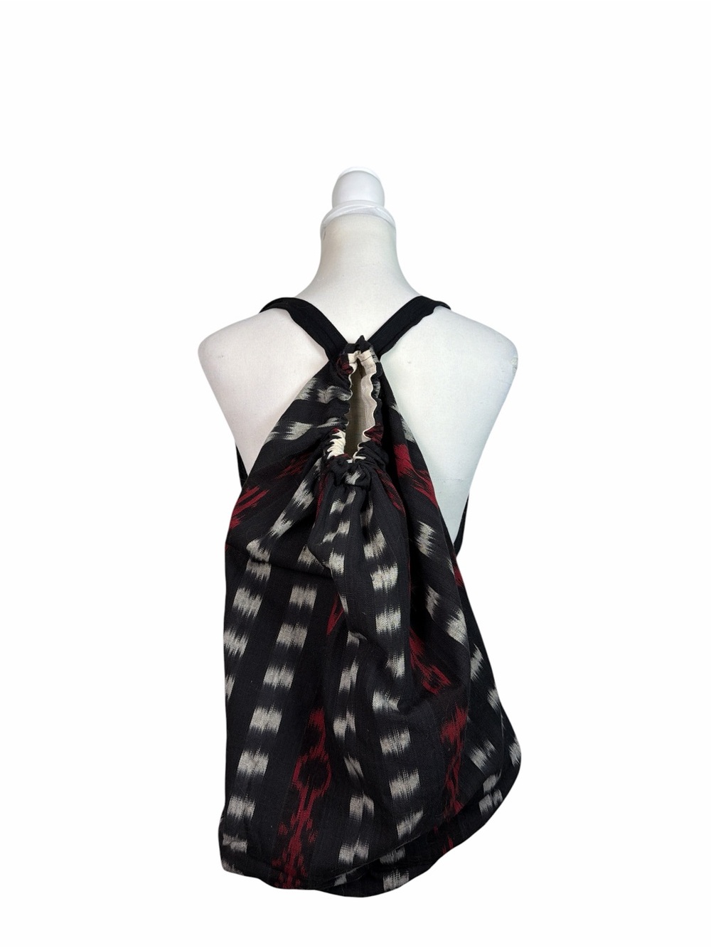 Black Red Ikat Drawstring Backpack Woven Boho Tribal Southwestern Rucksack Bag